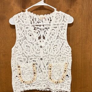 411. POL Crochet Knit Button Front Vest in Ivory